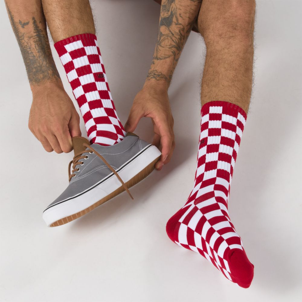 Vans Checkerboard Crew Strumpor Herr Röda Vita | 87019MQCY